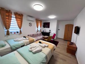a hotel room with two beds and a couch at Apartmani San Snova in Kotor-Varoš