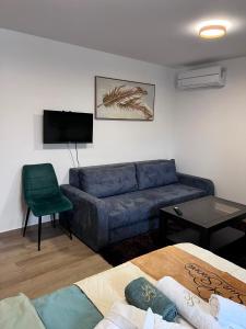 a living room with a blue couch and a tv at Apartmani San Snova in Kotor-Varoš