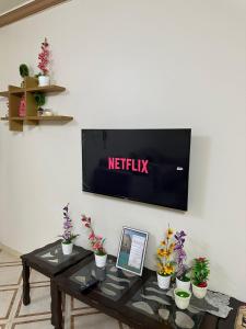 a television on a wall with potted plants on a table at شقة واسعة بحي الدوحة لـ 10 أشخاص 6دقائق للبحر in Yanbu
