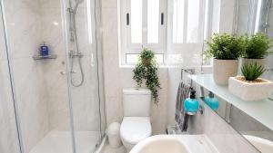 a bathroom with a shower and a toilet and a sink at Arzella Apartments Xlendi, Premium 2BR, Bus Stop & Market Opposite in Xlendi +97 photos