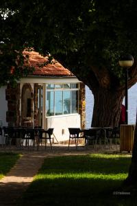 a building with a table and chairs under a tree at Alazne Enea in Bermeo