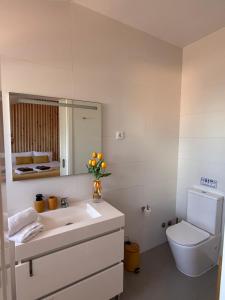 a bathroom with a sink and a toilet and a mirror at Ripado Loft in Ponta Delgada +32 photos