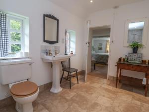 a bathroom with a toilet and a sink and a mirror at Wolvesacre Mill Cottage in Whitchurch +40 photos