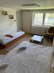 a room with two beds and a table at Apartmán Gál 1 in Kvačany
