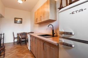 a kitchen with wooden cabinets and a refrigerator at Zámeček Rozkoš in Střížovice