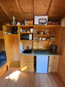 a kitchen in a cabin with a sink and a stove at Chalet Le CERF in Marigny
