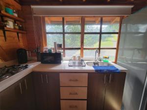 a kitchen with a sink and a window at Cozy Cabin in avocado farm in Marinilla +5 photos