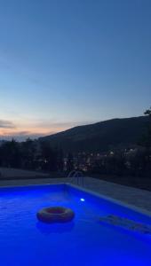 a blue pool with two rings in it at night at Vikendica Dajana in Banja Luka