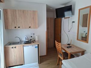 a kitchen with a sink and a table in a room at Apartmani Jet Set in Bor