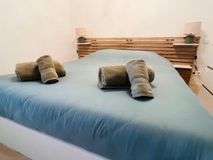 a bed with two towels on top of it at Le Faubourg St Martin Gold&Green in Senlis