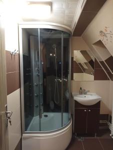 a bathroom with a shower and a sink at Pensiunea IULIA in Rod