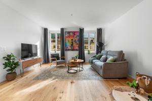 a living room with a couch and a tv at Chez Fridolin in Glarus