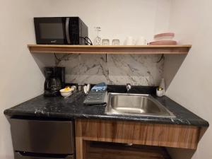 a kitchen counter with a sink and a microwave at Dk8 - Nice studio in Zona Viva in Guatemala +8 photos