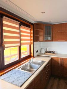 a kitchen with a sink and a window at Zoloche Chalet in Vishenki +27 photos