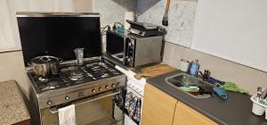 a kitchen with a stove top oven next to a sink at Victoria complex in Willemstad