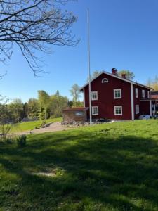 a red barn on a grassy field with a tree at Naturskönt boende nära sjö in Ör
