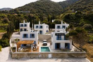 an aerial view of a house with a swimming pool at Villa Akroyiali - Seafront Serenity with Shared Pool in Pachyammos