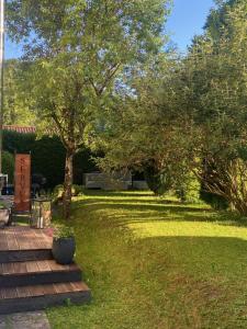 a garden with a tree and a wooden pathway at Ferienwohnung Servus in Traunstein