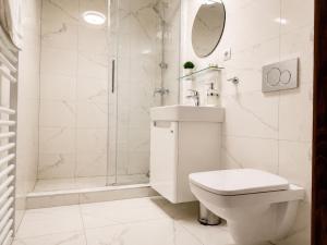 a white bathroom with a toilet and a shower at Hotel ZÁMOCKÁ KORUNA u Hoffera in Nitra +17 photos