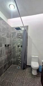 a bathroom with a shower and a toilet in it at Casa Las Luces in Nanacamilpa