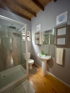 a bathroom with a shower and a toilet and a sink at Stella Maris Cabanas in Ponta do Ouro +26 photos