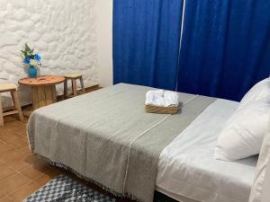 a bedroom with a bed with a blue curtain at Pousada Nosso Sonho in Natal