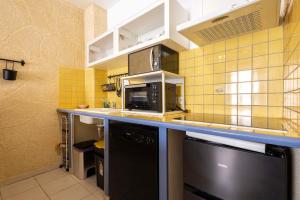 a kitchen with a counter top with a microwave at Charme et Confort A vnedres in Vendres
