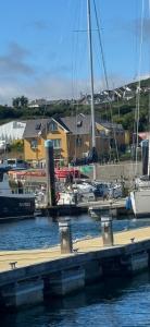 a dock with boats docked in a marina at Waterfront Apartment in Dingle