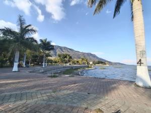 a walkway next to the water with palm trees at Relax at the lake - Pool - Pet friendly - WiFi in Chantepec