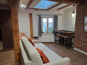 ein Wohnzimmer mit Sofa und Tisch in der Unterkunft Rosette Residence LOFT Jacuzzi in Toruń