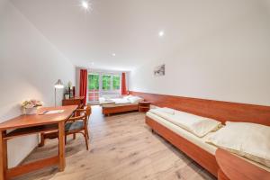 a room with a bed and a desk and a table at Hotel Velveta in Špindlerův Mlýn +22 photos