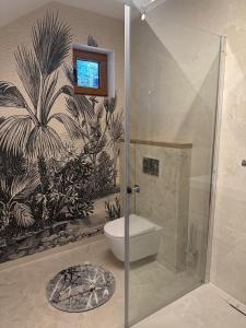 a bathroom with a shower with a toilet and a window at Magiczne Roztocze in Koszele +17 photos