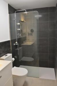 a bathroom with a shower with a toilet and a sink at Montaña Tirba in Costa Calma
