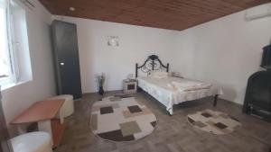 a bedroom with a bed and a table and a rug at Pensiunea Raluca in Mahmudia