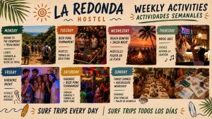 a collage of posters on a wall with events at La Redonda Surf Hostel Sayulita in Sayulita