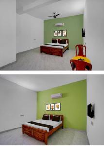 a bedroom with two beds and a chair at hotel 0771 in Raipur +2 photos