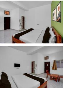 two pictures of a bedroom with two beds and a table at hotel 0771 in Raipur