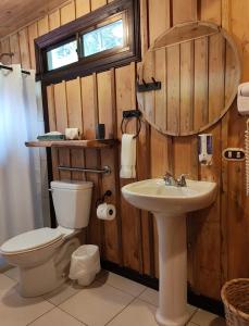 a bathroom with a toilet and a sink and a mirror at Trogon Lodge in San Gerardo de Dota +45 photos