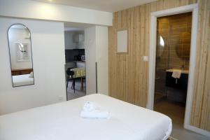 a bedroom with a white bed and a mirror at Jolie T2, RDC, Proche du lac in Aix-les-Bains +5 photos