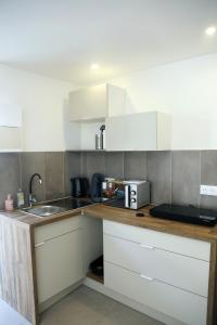 a kitchen with white cabinets and a sink at Jolie T2, RDC, Proche du lac in Aix-les-Bains