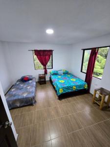 a bedroom with two beds and two windows at Finca hotel los cocos in Montenegro