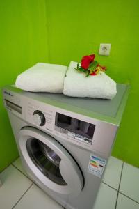 a washing machine with a flower on top of it at Bungalow Tearo in Tiripoa