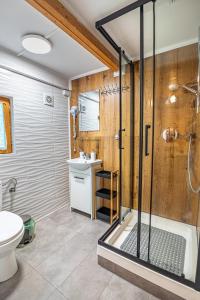 ein Badezimmer mit Dusche, Toilette und Waschbecken in der Unterkunft Solina Rest in Solina + 105 Fotos