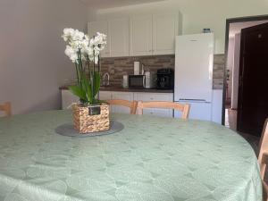 a kitchen with a table with a vase of flowers on it at Casa Forrás in Borsec +11 photos