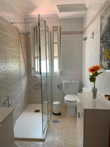 a bathroom with a toilet and a glass shower at Sanpau in Vejer de la Frontera