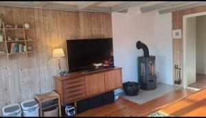 a living room with a flat screen tv and a fireplace at Cabin and Guest house in Haugesund