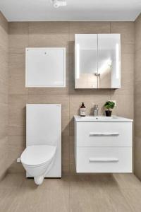 a white bathroom with a toilet and a sink at 70 Degrees North City Apartments in Tromsø +36 photos