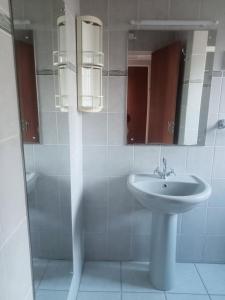 a bathroom with a sink and a mirror and a shower at SkyWags Guest House in Bloemfontein