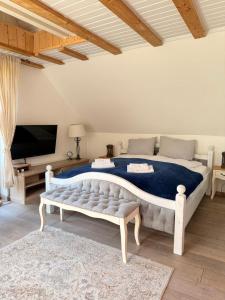 a bedroom with a large bed and a tv at Dom Prowansalski in Jaworzynka