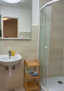a bathroom with a sink and a shower at ARANY13 Apartmanház - Mówimy po polsku! in Bogács